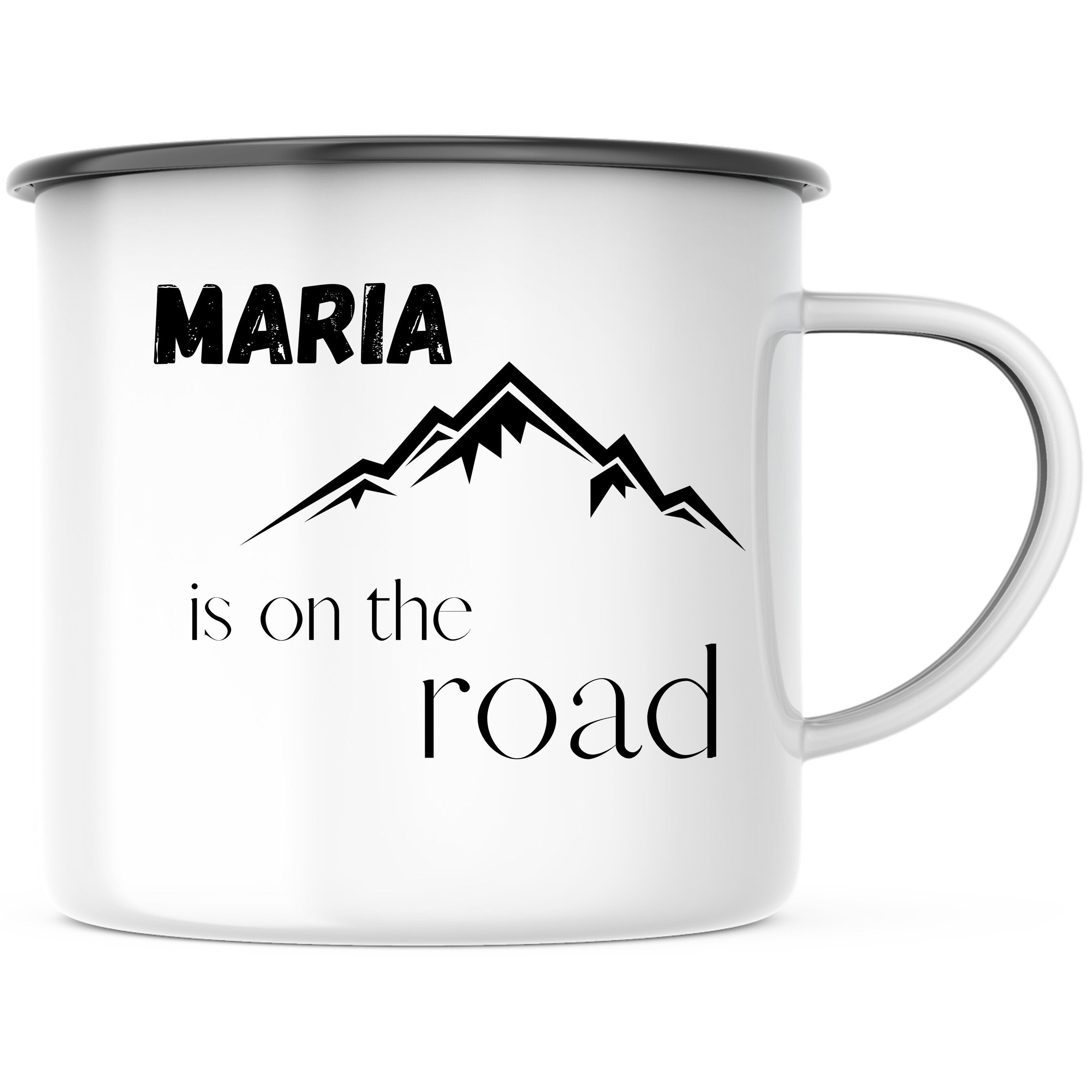 Emaille Tasse| Becher| Camping| Reisen| On the road| personalisierbar mit Wunschnamen - GlamourDesign