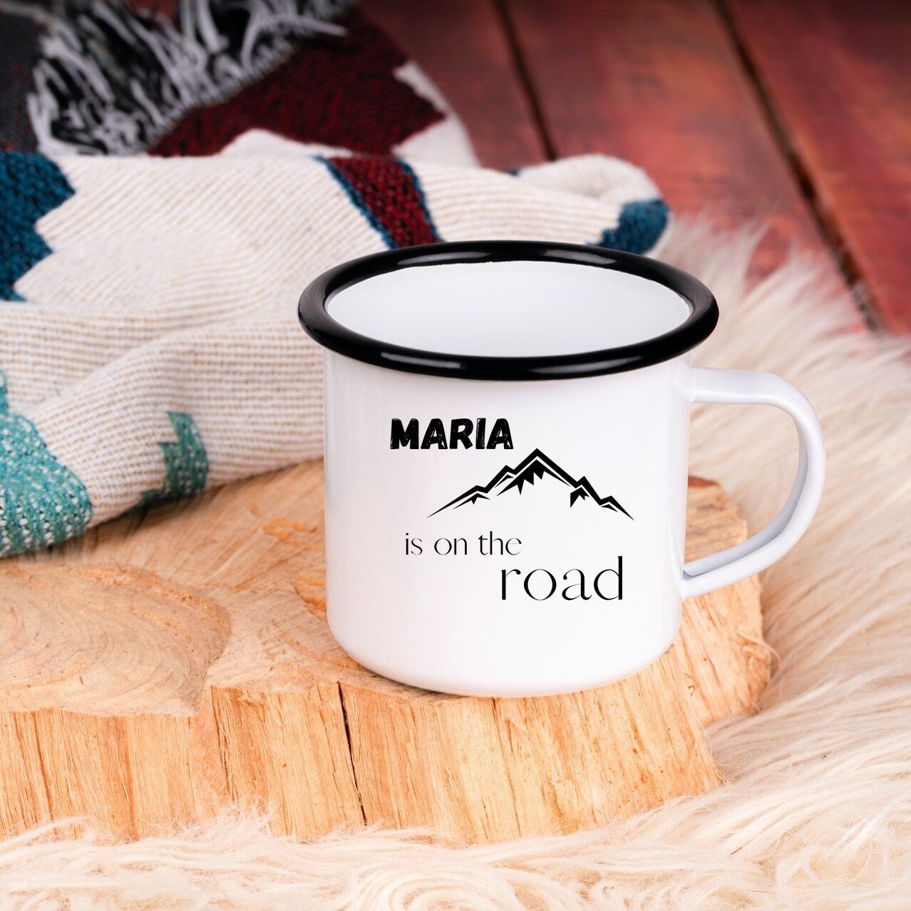 Emaille Tasse| Becher| Camping| Reisen| On the road| personalisierbar mit Wunschnamen - GlamourDesign