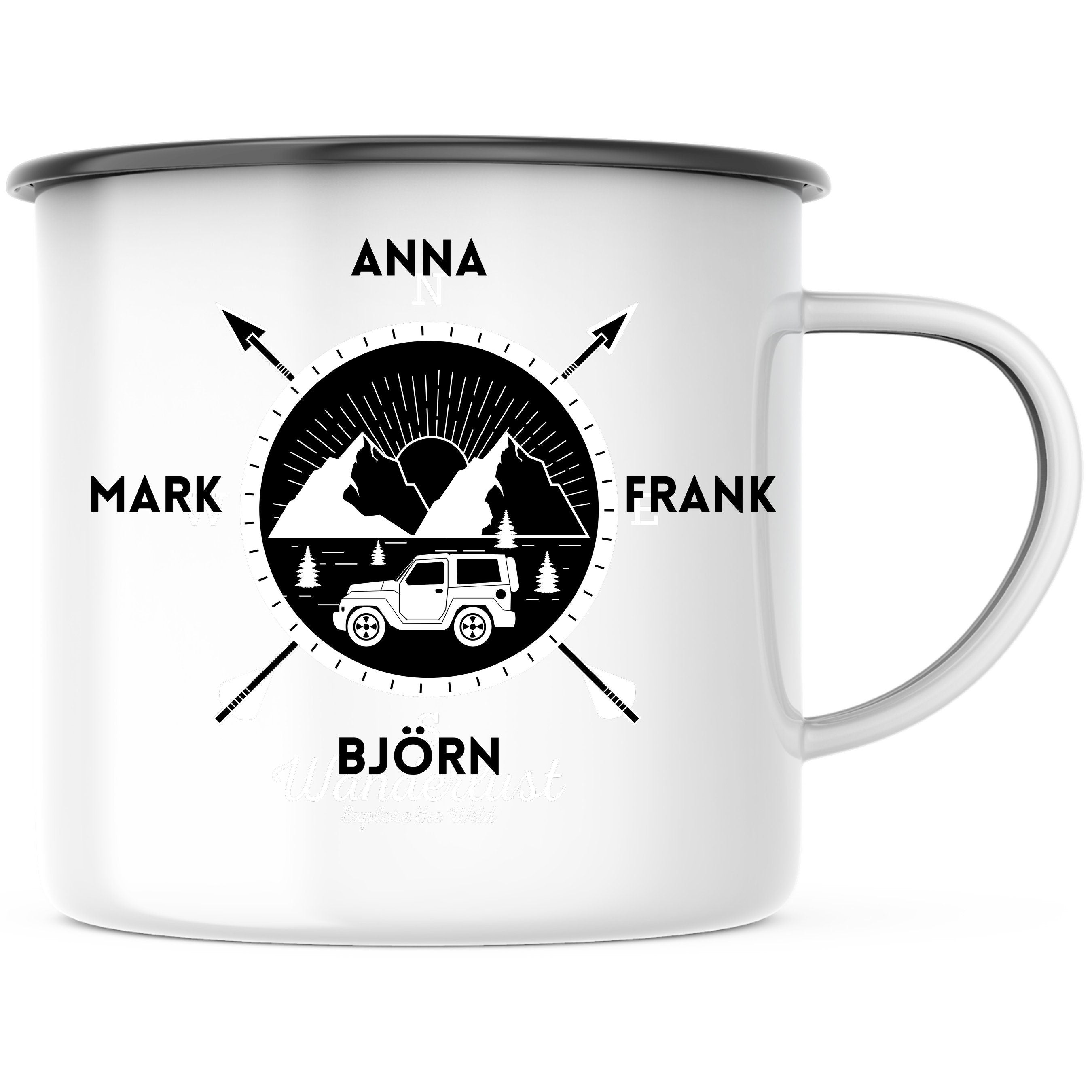 Emaille Tasse| Becher| Reisefreunde| Camping Motiv| personalisierbar mit bis zu 8 Namen - GlamourDesign