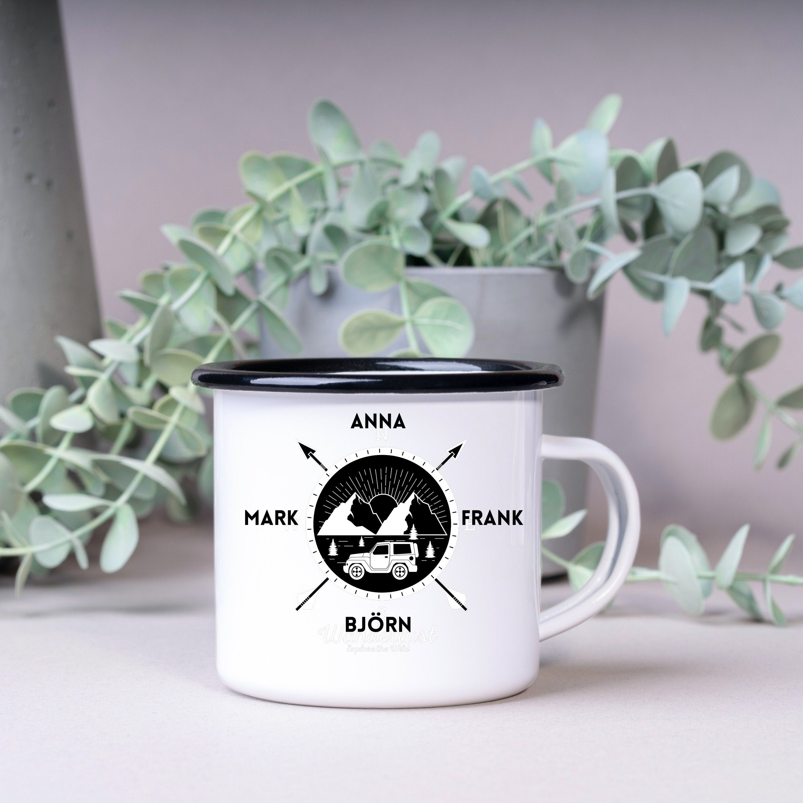 Emaille Tasse| Becher| Reisefreunde| Camping Motiv| personalisierbar mit bis zu 8 Namen - GlamourDesign