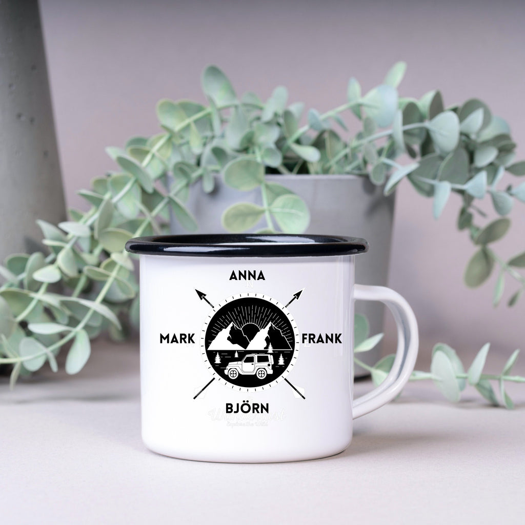 Emaille Tasse| Becher| Reisefreunde| Camping Motiv| personalisierbar mit bis zu 8 Namen - GlamourDesign