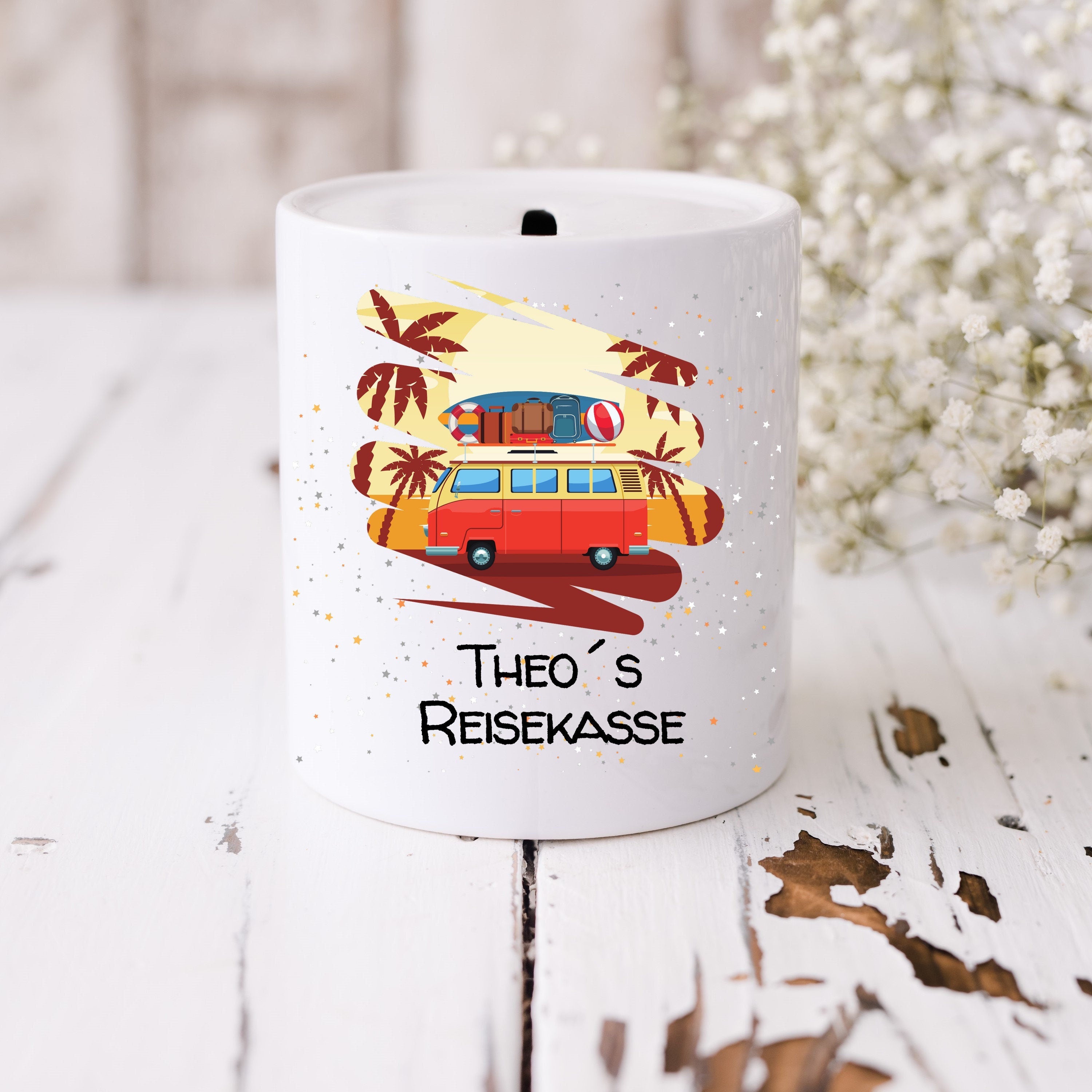 Spardose| Reisekasse| Bulli-Motiv| Personalisierbar mit Namen - GlamourDesign