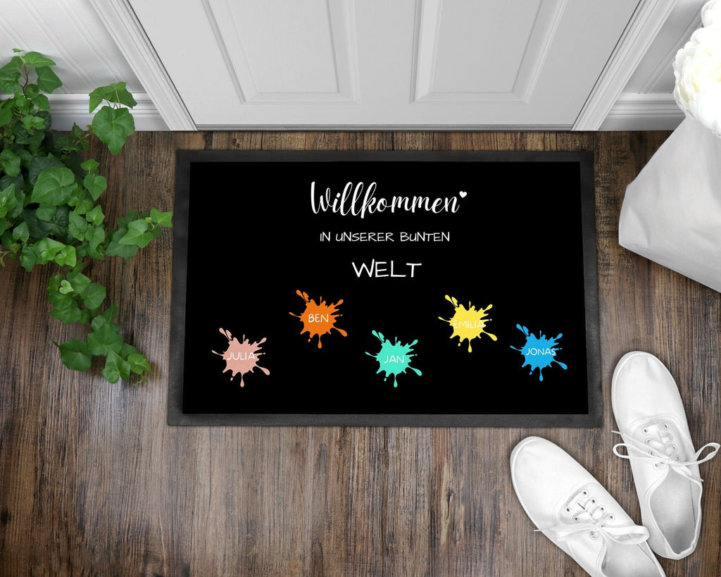Fußmatte | bunt mit Farbklecksen| personalisierbar mit bis zu 7 Vornamen| Willkommen| bunte Familie - GlamourDesign