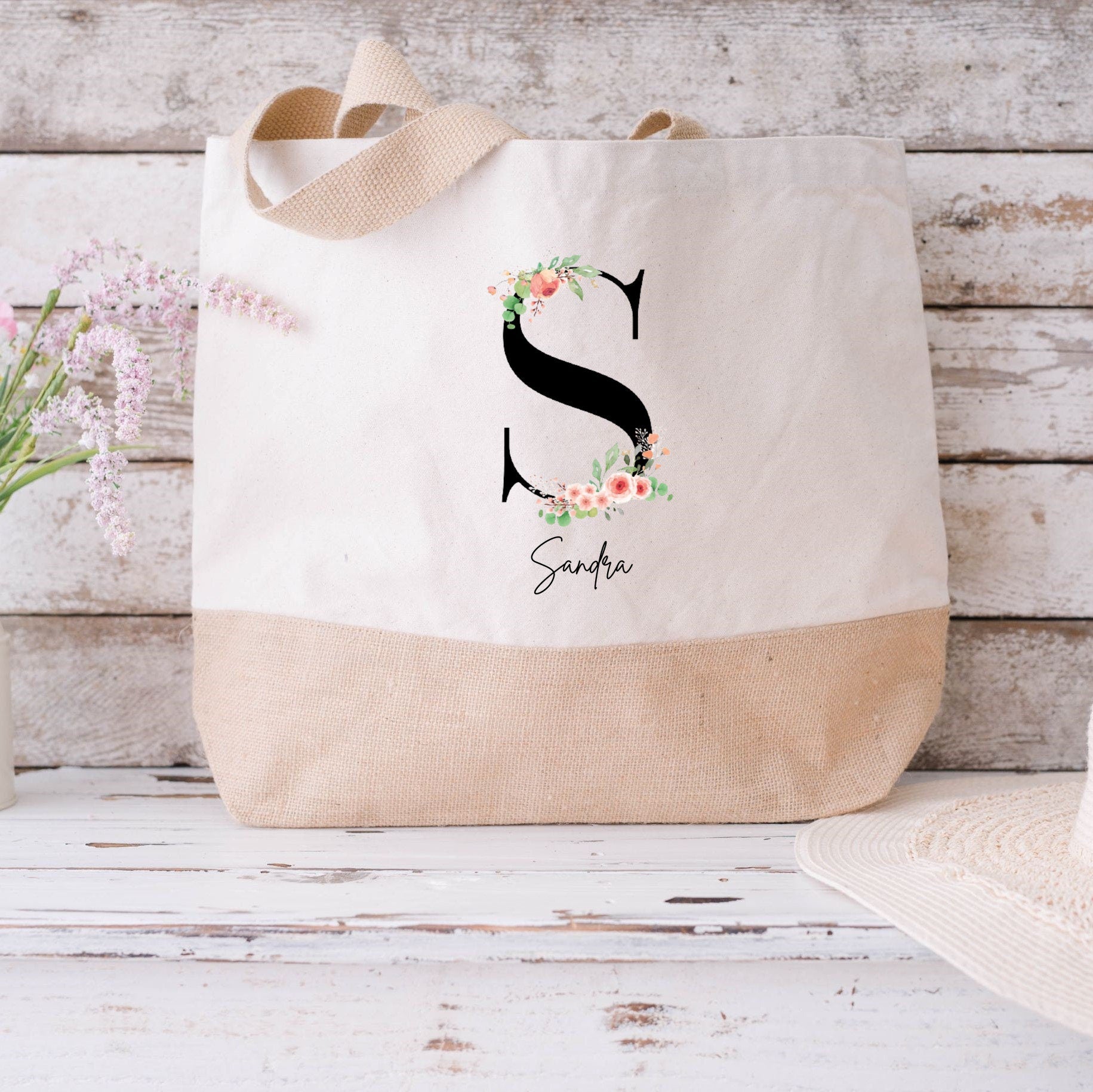 Juteshopper XL| personalisiert mit Namen| Blumen Edit. - GlamourDesign