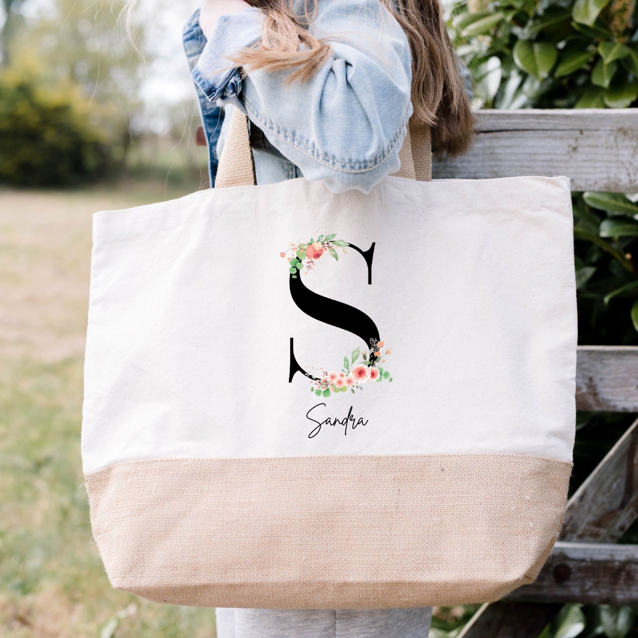 Juteshopper XL| personalisiert mit Namen| Blumen Edit. - GlamourDesign