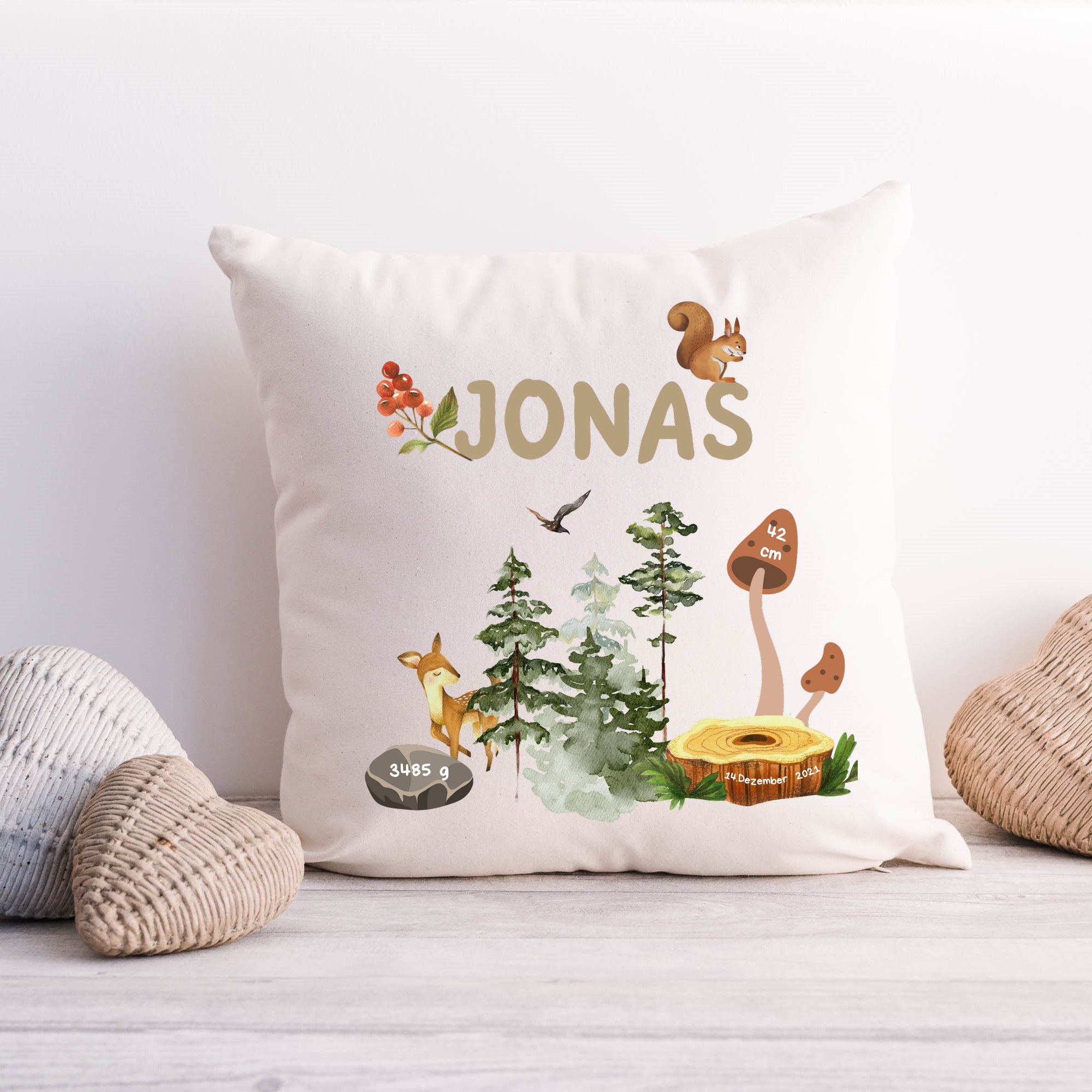 Geburtskissen| Personalisierbarer Kissenbezug| Kissen| Waldtiere| Namenskissen - GlamourDesign