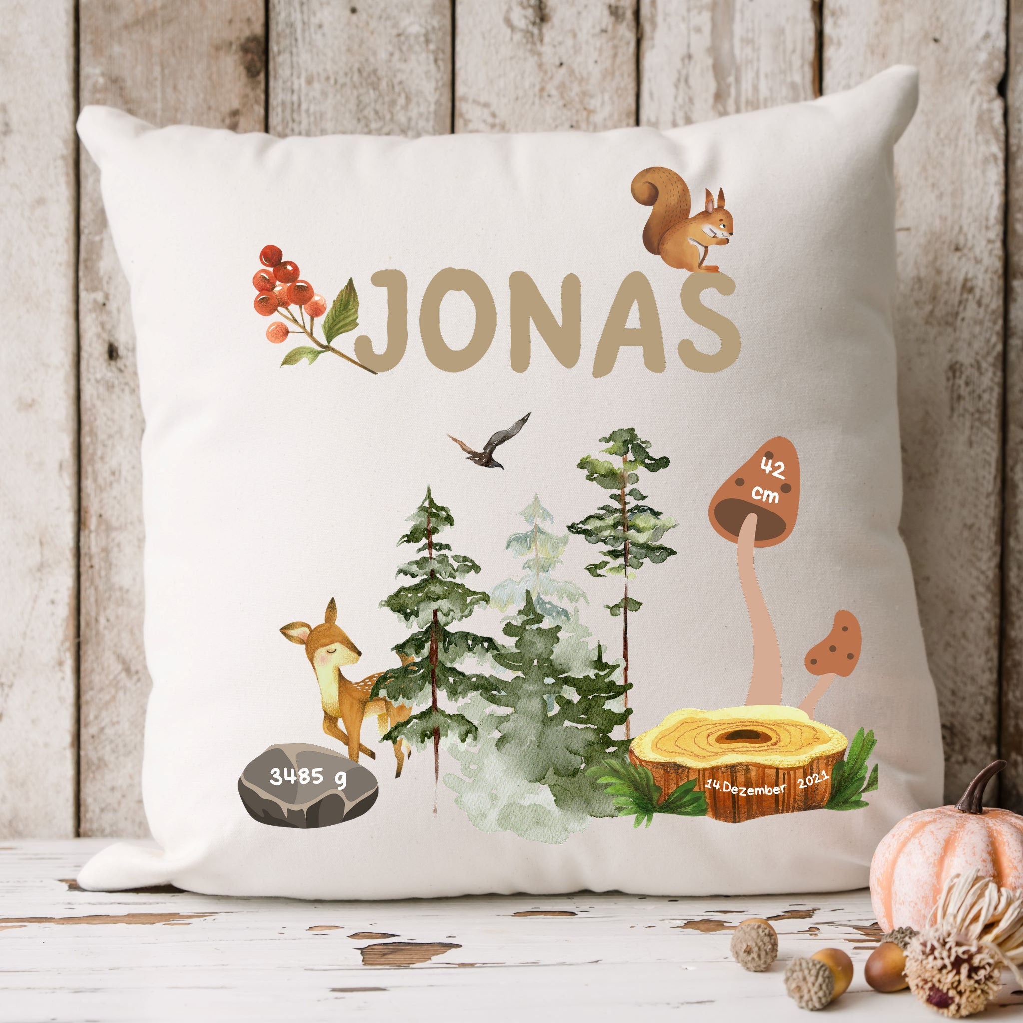 Geburtskissen| Personalisierbarer Kissenbezug| Kissen| Waldtiere| Namenskissen - GlamourDesign