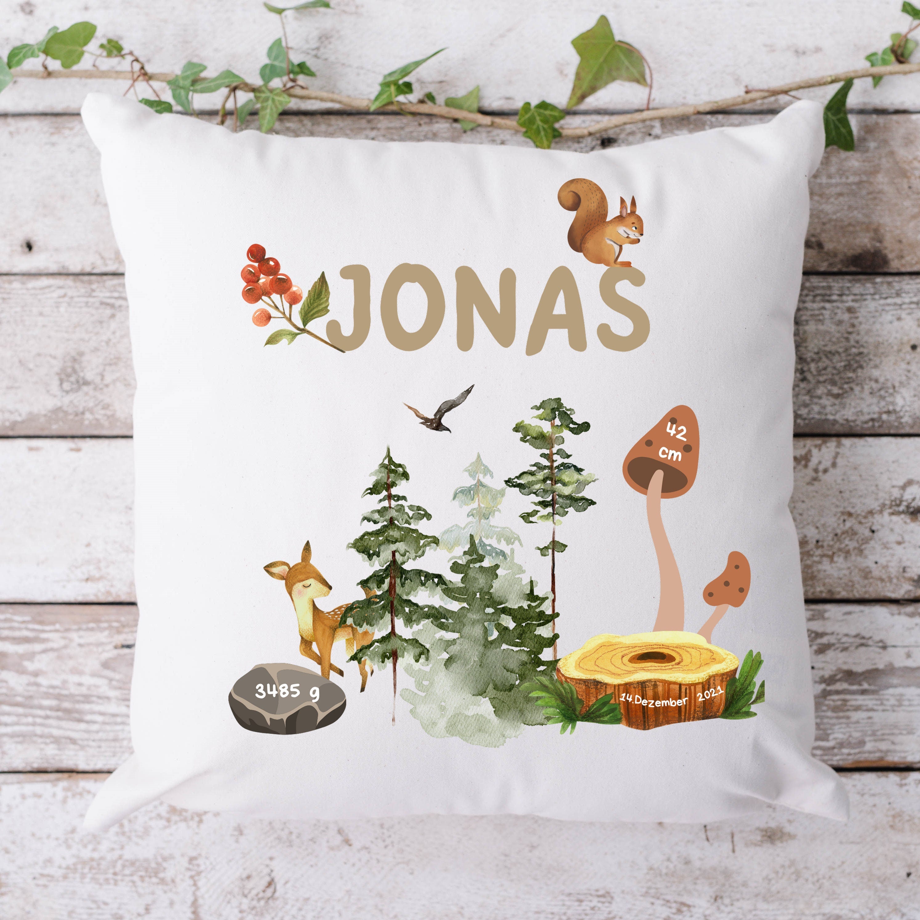 Geburtskissen| Personalisierbarer Kissenbezug| Kissen| Waldtiere| Namenskissen - GlamourDesign