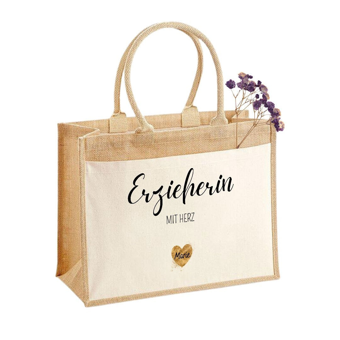 Jutetasche| Erzieherin mit Herz| personalisiert mit Namen| Einkaufstasche| Geschenk| Dankeschön - GlamourDesign