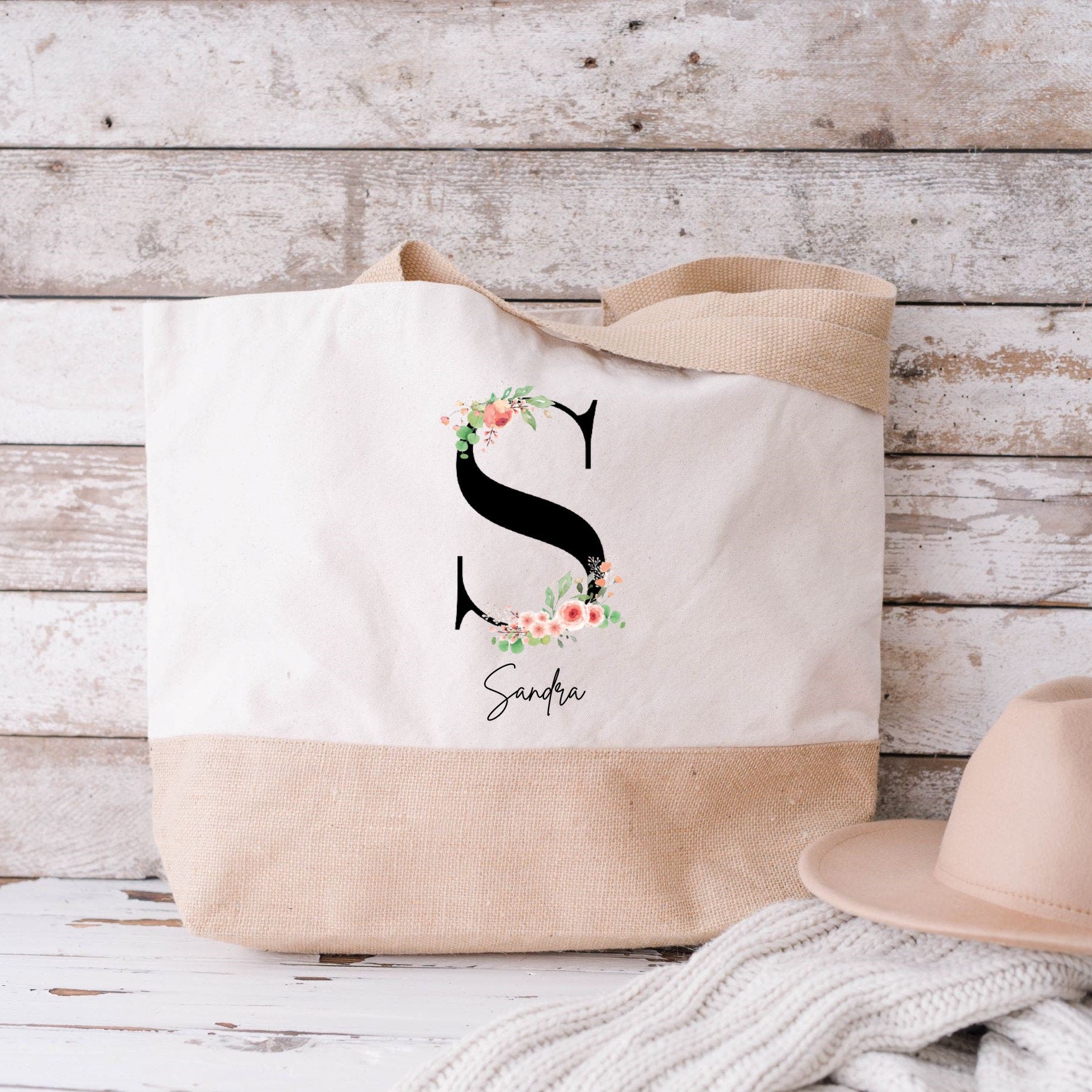 Juteshopper XL| personalisiert mit Namen| Blumen Edit. - GlamourDesign