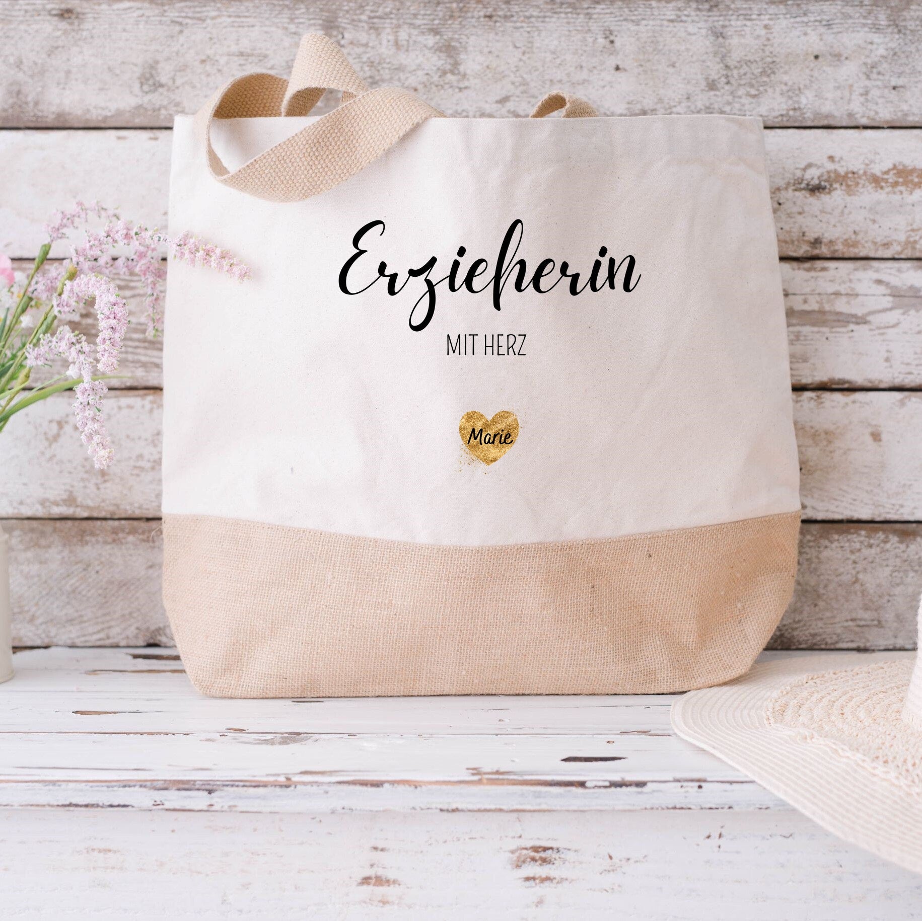Juteshopper XL| personalisiert mit Namen| Einkaufstasche| Geschenk für die Erzieherin - GlamourDesign