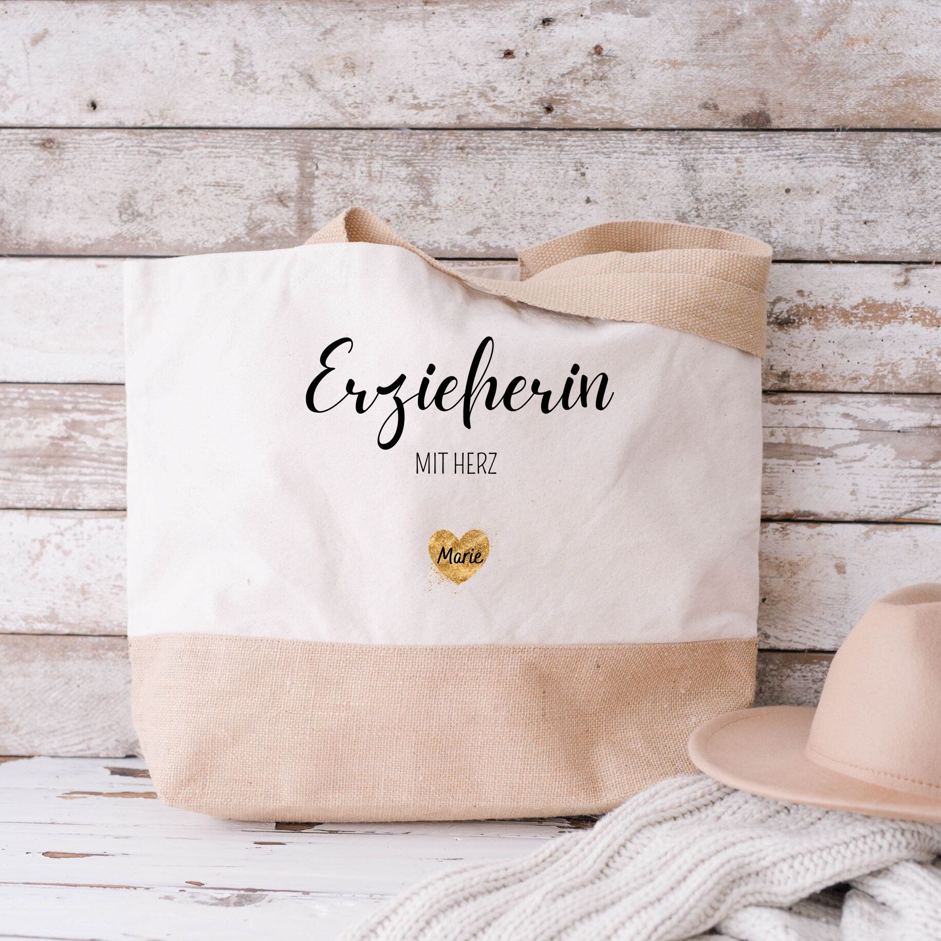 Juteshopper XL| personalisiert mit Namen| Einkaufstasche| Geschenk für die Erzieherin - GlamourDesign