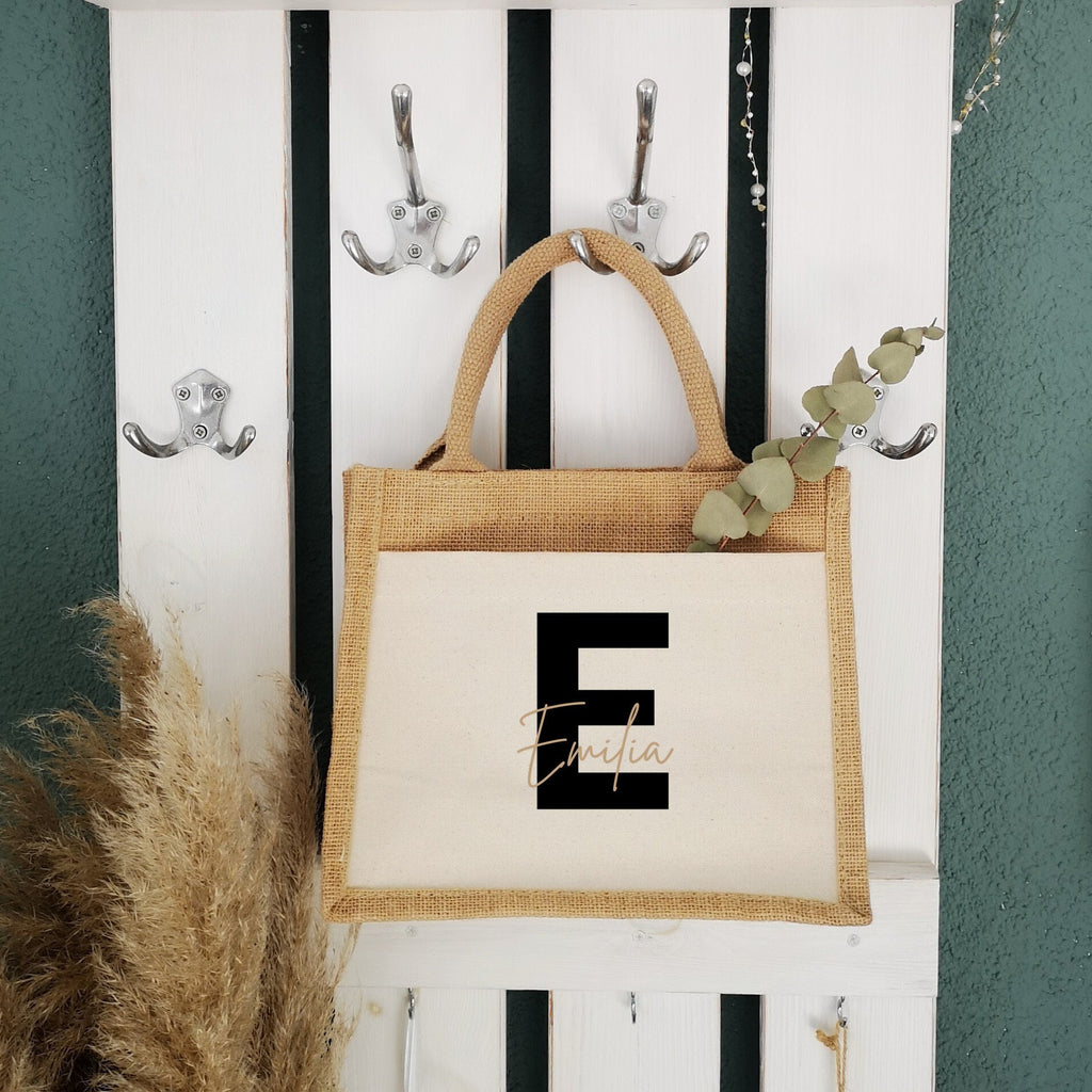 Jutetasche| personalisiert mit Namen| Einkaufstasche| Geschenk| geschwungen| mit Fronttasche - GlamourDesign