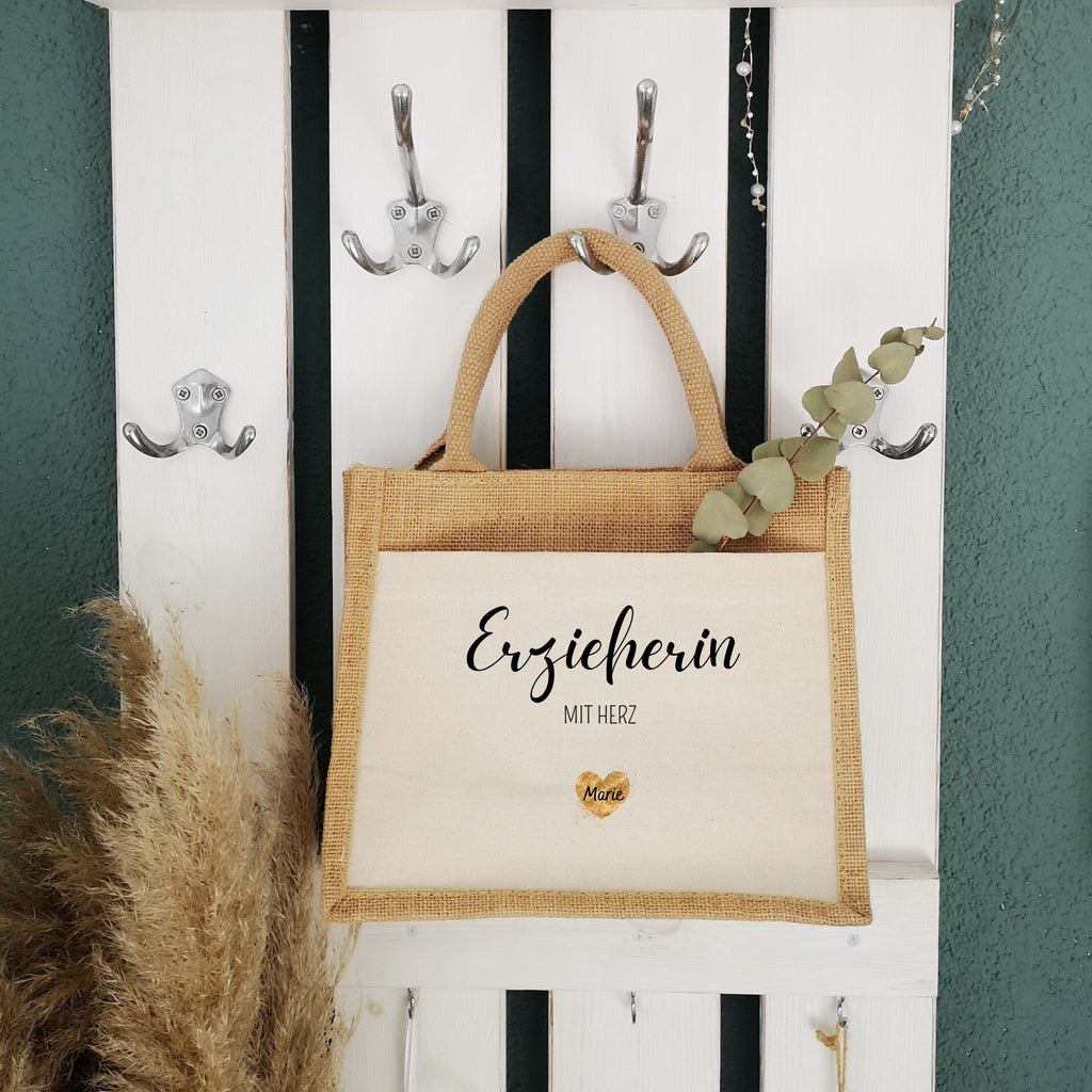 Jutetasche| Erzieherin mit Herz| personalisiert mit Namen| Einkaufstasche| Geschenk| Dankeschön - GlamourDesign