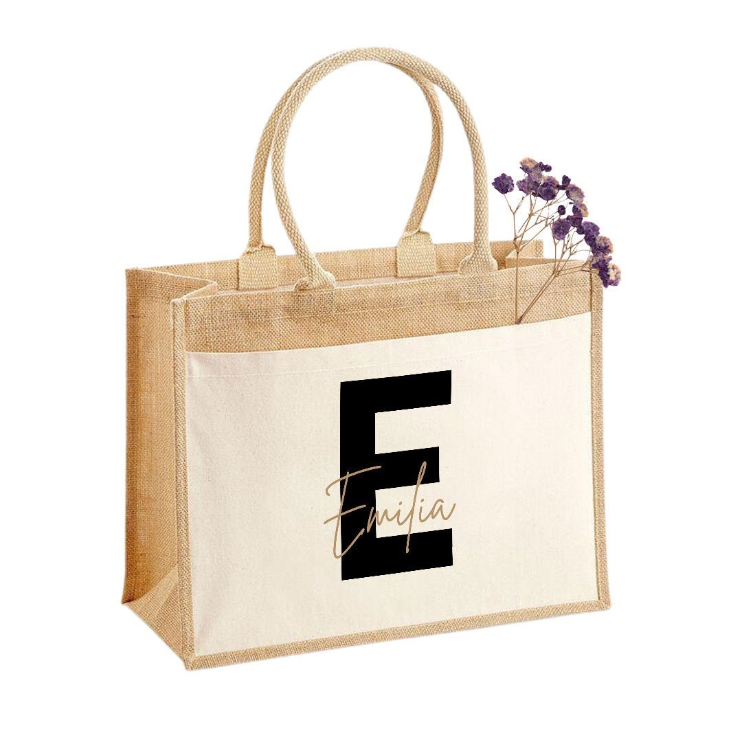 Jutetasche| personalisiert mit Namen| Einkaufstasche| Geschenk| geschwungen| mit Fronttasche - GlamourDesign