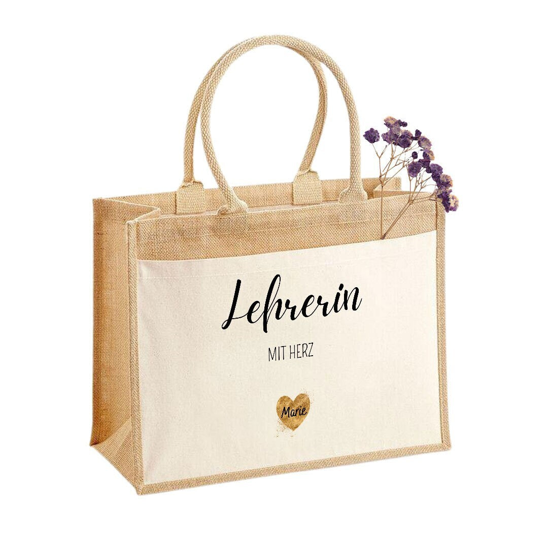 Jutetasche| Lerherin mit Herz| personalisiert mit Namen| Einkaufstasche| Geschenk| Dankeschön - GlamourDesign