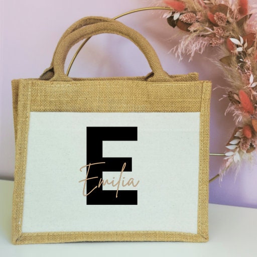 Jutetasche| personalisiert mit Namen| Einkaufstasche| Geschenk| geschwungen| mit Fronttasche - GlamourDesign