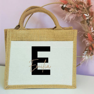 Jutetasche| personalisiert mit Namen| Einkaufstasche| Geschenk| geschwungen| mit Fronttasche - GlamourDesign