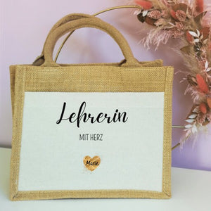 Jutetasche| Lerherin mit Herz| personalisiert mit Namen| Einkaufstasche| Geschenk| Dankeschön - GlamourDesign