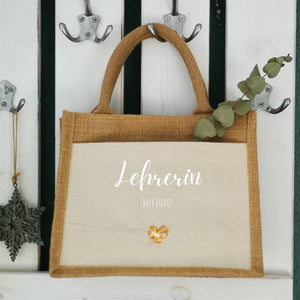 Jutetasche| Lerherin mit Herz| personalisiert mit Namen| Einkaufstasche| Geschenk| Dankeschön - GlamourDesign